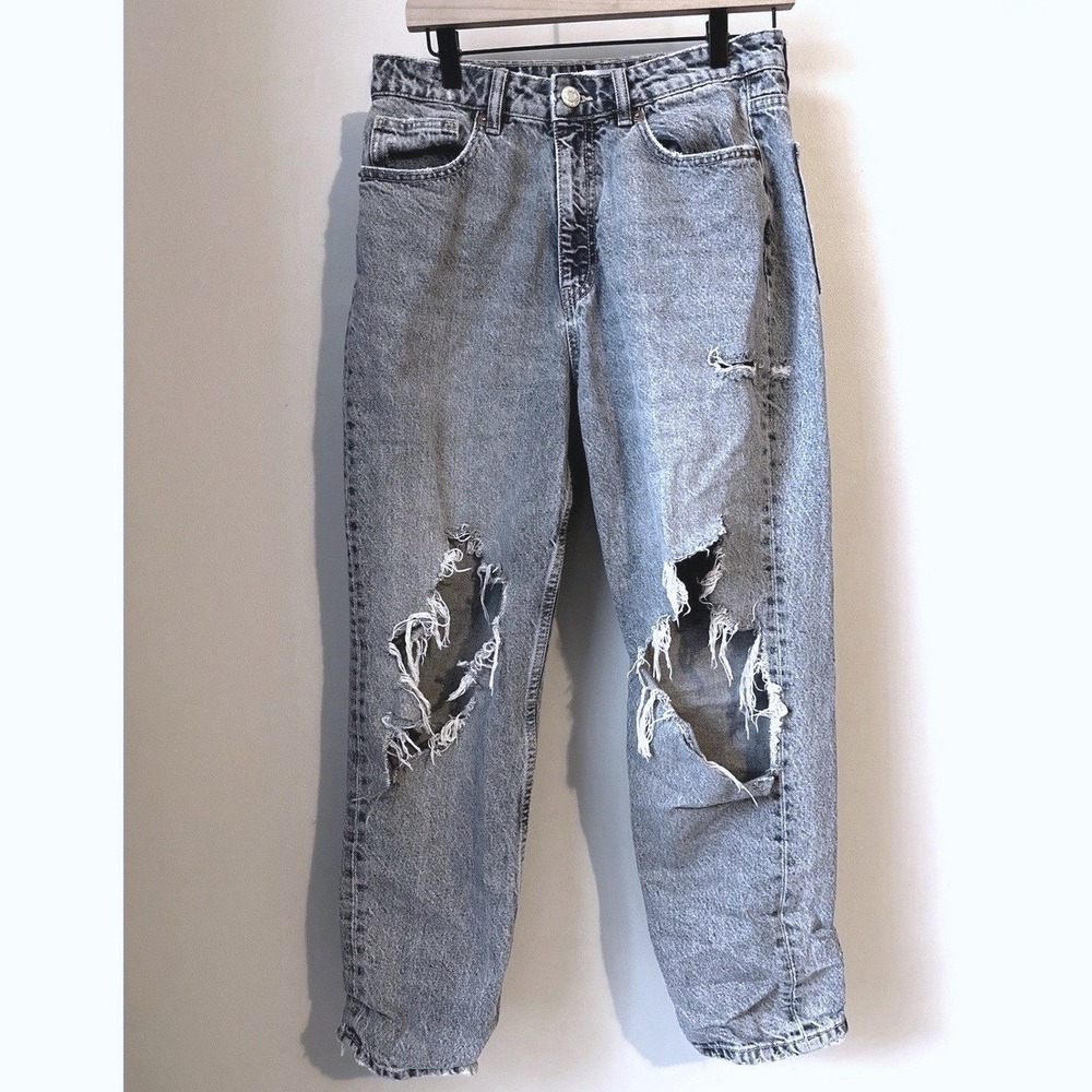 Zara Womens High Rise Mom Jeans Distressed Cotton 8 Light Acid Wash Grunge